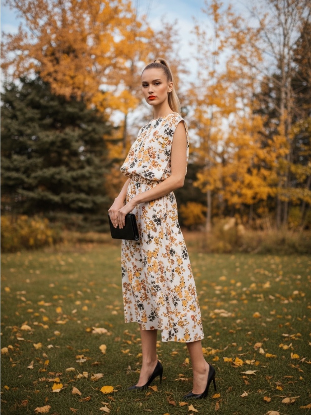 VVB Victoria Beckham Sleveless Floral Overlay Midi Dress White Orange Size 8